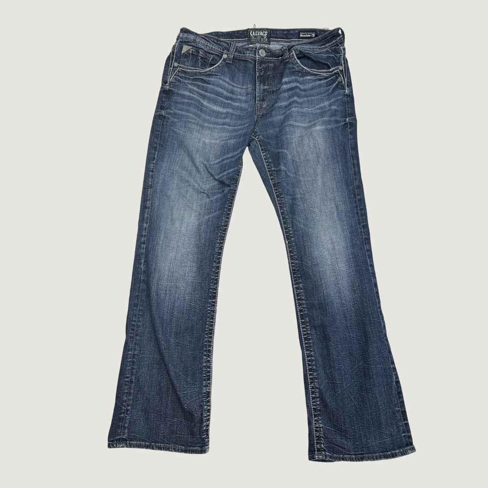 Salvage Mayhem Bootcut Jeans Mens 36x30 Blue Dark Wash Distressed Buckle Denim